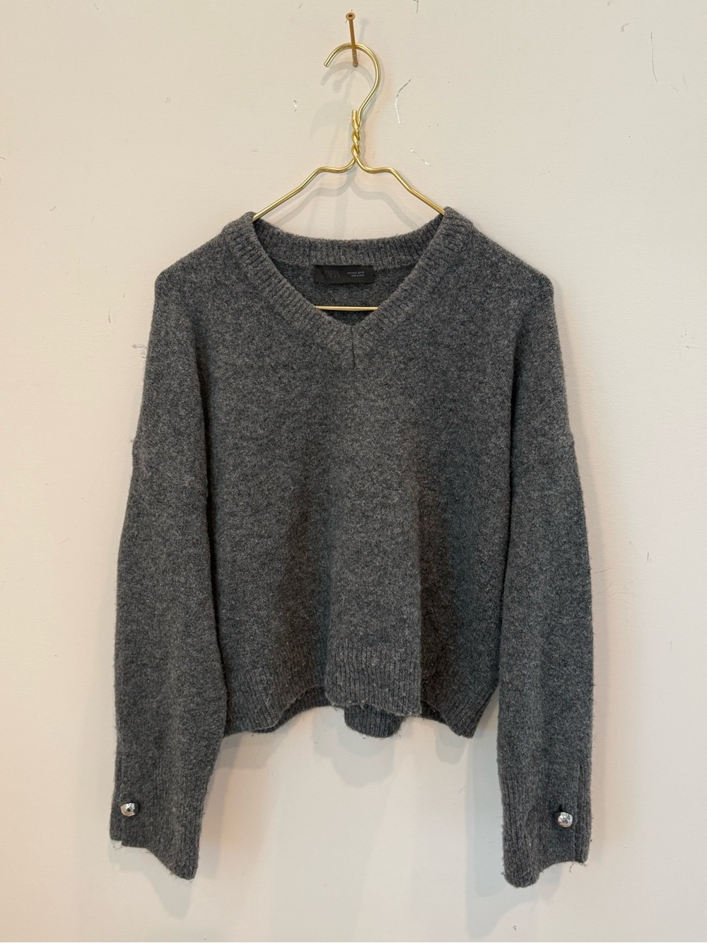 Zara Women's Charcoal Gray V-Neck Knit Sweater